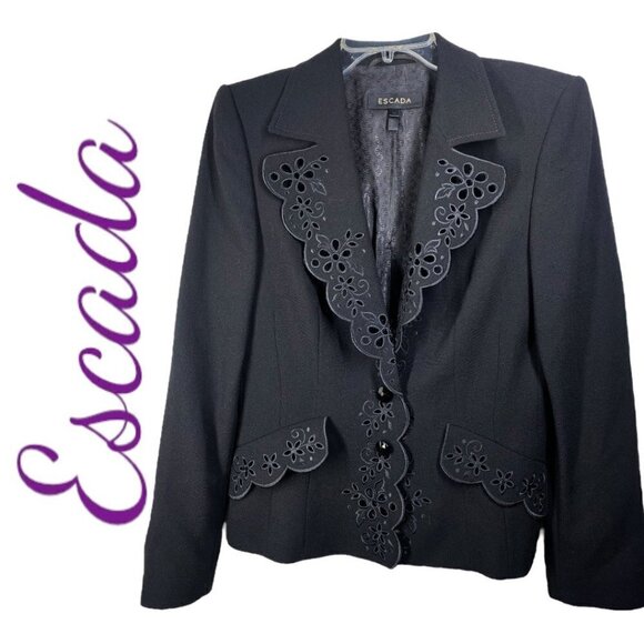 ESCADA Black Wool Elegant  Floral Cutout Blazer, Size 38 (US 8) - Picture 2 of 12